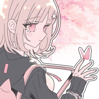  1girl animal_bag artist_name bag blush breasts brown_hair bug butterfly cat_bag commentary_request danganronpa_(series) danganronpa_2:_goodbye_despair flipped_hair hair_ornament hand_up hood hood_down insect jacket komanami_kawaii large_breasts long_sleeves medium_hair nanami_chiaki open_clothes pink_bag pink_eyes ribbon shirt smile solo white_background white_shirt 