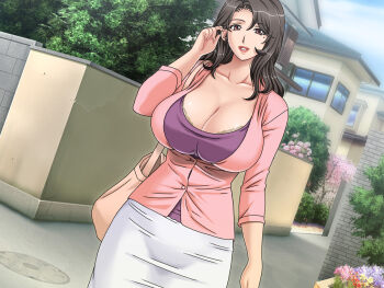  1girl bag breasts bursting_breasts cleavage female_focus gaden handbag huge_breasts looking_at_viewer mature_female mole mole_under_eye pink_shirt playing_with_own_hair road shirt skirt smile solo standing street tight_skirt tucking_hair white_skirt  rating:Questionable score:139 user:Marcerner