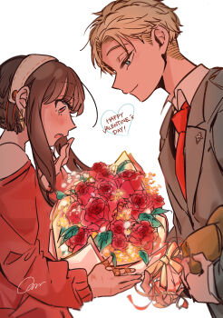  1boy 1girl :o absurdres bandaid bandaid_on_finger bandaid_on_hand black_hair blonde_hair blue_eyes bouquet closed_mouth collared_shirt commentary_request couple earrings flower gift gold_earrings hairband hand_up happy_valentine hetero highres holding holding_bouquet holding_gift husband_and_wife jacket jewelry lapel_pin lapels necktie off-shoulder_sweater off_shoulder peanuts_omr profile red_eyes red_flower red_necktie red_sweater shirt short_hair signature simple_background smile spy_x_family suit_jacket surprised sweater twilight_(spy_x_family) upper_body very_short_hair white_background white_hairband yor_briar 