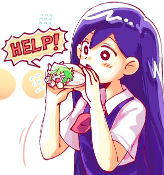  >_< 1boy 1girl alternate_eye_color antenna_hair basil_(headspace)_(omori) basil_(omori) black_eyes blush bright_pupils closed_eyes collared_shirt colored_skin commentary_request double-parted_bangs english_text flying_sweatdrops food green_hair hair_between_eyes holding holding_food long_hair mari_(headspace)_(omori) mari_(omori) mini_person miniboy neckerchief omori open_mouth purple_hair purple_sweater_vest rasu_(pixiv9799832) red_neckerchief shirt short_hair short_sleeves sidelocks speech_bubble sweat sweater_vest white_pupils white_shirt white_skin 