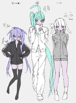  1boy 2girls :d ahoge animal_ears arms_behind_back asymmetrical_bangs baggy_pants barefoot black_jacket black_thighhighs blunt_bangs breasts cat closed_mouth colored_skin commentary familiar feet_up floppy_ears full_body genderswap genderswap_(ftm) genderswap_(mtf) green_eyes grey_background grey_jacket grey_shorts hair_between_eyes hands_on_own_hips height_difference heterochromia highres huge_ahoge jacket jaggy_lines long_hair long_sidelocks looking_at_viewer medium_breasts medium_hair midriff_peek mismatched_eyes multicolored_hair multiple_girls open_mouth original pants pink_skin purple_hair rabbit rabbit_ears red_eyes short_eyebrows shorts side_ponytail sidelocks single_hair_streak single_sidelock sleeves_past_wrists small_breasts smile socks standing streaked_hair striped_clothes striped_jacket striped_pants striped_shorts susushi_11 sweatdrop thick_eyebrows thighhighs track_jacket twintails untranslatable_commentary vertical-striped_clothes vertical-striped_jacket vertical-striped_pants vertical-striped_shorts very_long_hair walking white_hair white_jacket white_pants white_socks white_streaks 