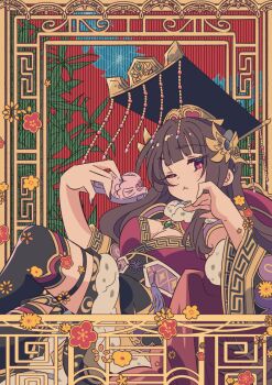  1girl :t assault_lily black_dress black_hat black_thighhighs blue_flower blunt_bangs breasts bright_pupils chinese_clothes cleavage_cutout closed_mouth clothing_cutout commentary_request cowboy_shot crossed_legs detached_sleeves dress eating fingernails floral_background flower food food_bite fur-trimmed_dress fur-trimmed_sleeves fur_trim gem green_gem guan_hat hair_ornament hands_up hat holding holding_food honkawa_works inset_border long_sleeves looking_at_viewer medium_breasts mian_guan morimoto_yuni nail_polish official_alternate_costume one_eye_closed outside_border pink_eyes purple_nails red_dress red_flower sitting solo striped_background taiyaki tassel thigh_strap thighhighs two-tone_dress vertical-striped_background wagashi white_pupils wide_sleeves yellow_flower 