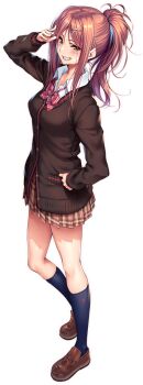  1girl arm_up black_cardigan blue_socks blush bow bowtie breasts brown_eyes brown_hair brown_shoes brown_skirt cardigan collared_shirt full_body grin hair_ornament hand_on_own_hip hanikami_kanojo high_ponytail kneehighs loafers long_hair long_sidelocks long_sleeves looking_at_viewer miniskirt myouga_satsuki official_art parted_bangs piromizu plaid_clothes plaid_skirt pleated_skirt ponytail red_bow red_bowtie salute school_uniform shirt shoes sidelocks simple_background skirt smile socks solo standing striped_bow striped_bowtie striped_clothes tachi-e teeth transparent_background white_shirt wing_collar x_hair_ornament 