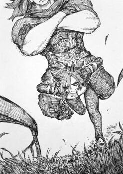  1boy 1girl abs absurdres ahoge animal_ears chronozbergh commentary crossed_arms elden_ring english_commentary genderswap genderswap_(mtf) grass hair_ornament highres horse_ears horse_girl leonard_(elden_ring) muscular muscular_male personification riding running starscourge_radahn sweatdrop tall_male traditional_media umamusume 