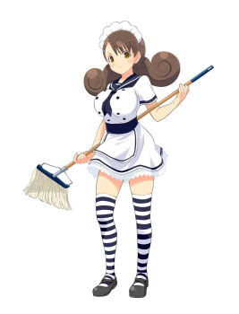  1girl aimu_(senran_kagura) apron black_thighhighs blue_neckerchief blue_sailor_collar breasts brown_eyes brown_hair buttons closed_mouth curled_ends curly_hair double-breasted dress hair_ornament hairclip holding holding_behind_back holding_mop lace lace-trimmed_dress lace_trim large_breasts looking_at_viewer low_twintails maid maid_headdress mary_janes mop multicolored_thighhighs neckerchief official_art sailor_collar sailor_dress senran_kagura senran_kagura_new_wave shoes simple_background smile smirk solo striped_clothes striped_thighhighs swept_bangs thighhighs twintails two-tone_thighhighs v-shaped_eyebrows white_background white_dress white_thighhighs 