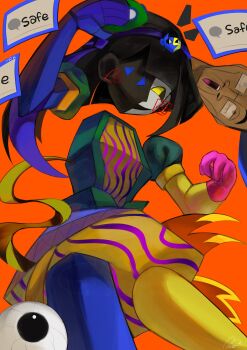  1boy 1girl alternate_costume black_hair blue_skin blunt_bangs blunt_ends blush bob_cut colored_skin colorful cubism demon_ena diablada_ena dress drunk_ena ena_(ena) ena_(series) ena_(species) ena_(web_series) eyeball floating_head fusion glasses highres low_poly multicolored_skin neon_palette open_mouth psychedelic puffy_short_sleeves puffy_sleeves short_sleeves skirt smile spiral spiral_cheeks split-color_skin surreal ufo_hair_ornament usagimarumei yellow_skin 