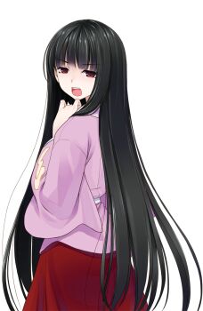 1girl black_hair brown_eyes commentary_request cowboy_shot crote from_behind hand_up highres hime_cut houraisan_kaguya large_variant_set long_hair long_sleeves looking_at_viewer looking_back open_mouth pink_shirt red_skirt shirt skirt solo standing tachi-e teeth touhou transparent_background turning_head twisted_torso upper_teeth_only v-shaped_eyebrows variant_set very_long_hair wide_sleeves 