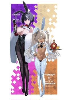  2girls alcohol amoeba_yuanchong animal_ear_hairband animal_ears black_gloves black_leotard black_necktie black_pantyhose bottle bow bowtie breasts commentary cup dark-skinned_female dark_skin fake_animal_ears fang full_body gloves hairband hand_on_own_hip heart_pasties height_difference highleg highleg_leotard highres holding holding_bottle holding_tray leotard loli looking_at_viewer maebari mole mole_under_eye multiple_girls navel necktie original pantyhose pasties pink_eyes playboy_bunny rabbit_ears red_bow red_bowtie reverse_bunnysuit reverse_outfit shawl short_hair_with_long_locks short_necktie shrug_(clothing) symbol-only_commentary thigh_gap thigh_strap tray twintails white_pantyhose white_shawl white_shrug white_wrist_cuffs wine wine_bottle wrist_cuffs xo yellow_eyes 