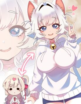  2girls absurdres animal_ear_fluff animal_ears arrow_(symbol) bell bike_shorts blonde_hair blue_eyes breasts cat_ears cat_girl chibi chibi_inset collar commentary drawstring english_commentary erigo facial_mark hair_ornament heart heart_facial_mark heart_hair_ornament heart_in_eye highres hood hoodie jingle_bell kedarui_aashii kimi_no_koto_ga_dai_dai_dai_dai_daisuki_na_100-nin_no_kanojo large_breasts long_sleeves looking_at_viewer medium_hair multiple_girls neck_bell nekonari_tama open_mouth personality_switch pink_collar side_ponytail smile solid_circle_eyes symbol_in_eye triangle_mouth v white_hair white_hoodie zoom_layer 