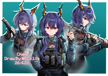  1girl absurdres alternate_costume arknights blue_hair border bulletproof_vest ch'en_(arknights) chinese_commentary commentary_request green_background gun hand_up handgun highres holding holding_gun holding_magazine_(weapon) holding_sword holding_weapon long_hair magazine_(weapon) multiple_views red_eyes rifle sakuratani_hane simple_background sword tactical_clothes weapon white_border 