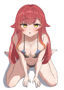  1girl absurdres amatsuki_eri bare_shoulders bikini blush breasts cleavage highres large_breasts long_hair looking_at_viewer multicolored_bikini navel nekota_tsuna red_hair simple_background sitting solo swimsuit virtual_youtuber vspo! wariza white_background yellow_eyes  rating:Sensitive score:7 user:danbooru