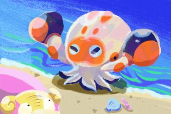 animal_focus clobbopus commentary full_body galarian_form galarian_slowpoke gen_8_pokemon highres nintendo no_humans orikyarakakitai pokemon pokemon_(creature) pokemon_focus seashell shell shore solo_focus symbol-only_commentary tentacles water