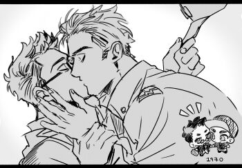  2boys animification avengers:_endgame avengers_(series) boots border breast_pocket chibi chibi_inset closed_eyes closed_mouth collared_jacket commentary english_commentary facial_hair fingernails formal_clothes french_kiss full_body greyscale hand_on_another's_face hand_up hat highres holding holding_another's_wrist holding_hands holding_unworn_clothes holding_unworn_hat jacket kacha0404 kiss lapels long_sleeves looking_at_another looking_at_viewer male_focus marvel military military_hat military_jacket military_uniform monochrome multiple_boys multiple_views necktie notice_lines open_clothes open_jacket open_mouth pants peaked_cap pocket semi-rimless_eyewear short_hair simple_background smile standing steve_rogers suit suit_jacket sunglasses tony_stark unworn_hat unworn_headwear yaoi 