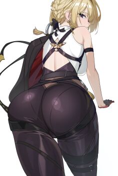 1girl absurdres aiden_(ofsb) arm_strap arm_support ass ass_focus back back_cutout black_gloves black_jacket black_pants blonde_hair braid breasts bun_with_braided_base chest_harness closed_mouth clothing_cutout commentary_request cowboy_shot criss-cross_back-straps earrings evelyn_chevalier from_behind gloves hair_bun harness high-waist_pants highres jacket jacket_on_shoulders jewelry large_breasts latex_pants leaning_forward looking_at_viewer looking_back mole mole_under_eye pants parted_bangs purple_eyes shirt sidelocks simple_background single_earring single_hair_bun sleeveless sleeveless_shirt solo standing strap thigh_strap tight_clothes tight_pants turning_head two-sided_fabric two-sided_gloves two-sided_jacket white_background white_shirt zenless_zone_zero rating:Sensitive score:47 user:danbooru