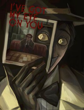  2boys bill_cipher black_coat black_gloves black_hair booth_seating bow bowtie brown_hair coat colored_sclera commentary english_commentary english_text evil_grin evil_smile fedora ford_pines gloves gravity_falls grey_coat grin hand_on_own_chest hat highres holding holding_photo multiple_boys n0cturnalcm personification photo_(object) shirt sitting slit_pupils smile striped_clothes striped_shirt table upper_body yellow_eyes yellow_sclera 