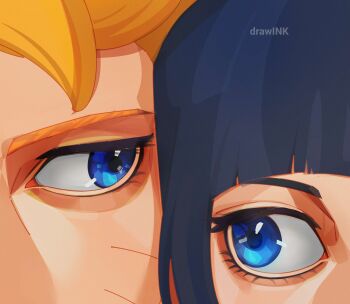  1boy 1girl artist_name balcony blue_eyes blunt_bangs boruto:_two_blue_vortex brother_and_sister cheek-to-cheek close-up commentary drawink facial_mark heads_together highres looking_at_another naruto_(series) siblings uzumaki_boruto uzumaki_himawari whisker_markings 