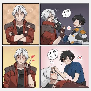  1boy 1girl armor black_hair black_shirt blanket blue_eyes blue_shirt closed_eyes coat dante_(devil_may_cry) devil_may_cry_(netflix) devil_may_cry_(series) drakeposting_(meme) fingerless_gloves flying_sweatdrops gloves gun heart highres holding holding_gun holding_weapon jumpoon lady_(devil_may_cry) meme pillow red_coat shirt weapon white_hair 