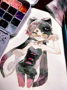  1girl black_dress black_hair bow-shaped_hair callie_(splatoon) callie_(squid_sisters_outfit)_(splatoon) detached_collar dress food food_on_head highres inkling long_hair mole mole_under_eye nintendo object_on_head painting_(medium) pantyhose photo_(medium) pink_hair pink_pantyhose pointy_ears short_dress short_eyebrows smile solo splatoon_(series) splatoon_1 sushi tentacle_hair thick_eyebrows traditional_media utopia_salut very_long_hair yellow_eyes 