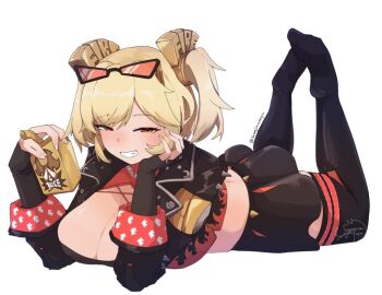  1girl black-framed_eyewear black_jacket black_skirt black_thighhighs black_tube_top blonde_hair blush breasts burnice_white can cleavage commentary_request cropped_jacket eyewear_on_head feet_up full_body grin half-closed_eyes head_rest holding holding_can jacket large_breasts looking_at_viewer lying no_shoes on_stomach red-tinted_eyewear red_eyes samejimamayu short_twintails simple_background skirt smile solo spiked_belt spiked_jacket strapless sunglasses the_pose thighhighs tinted_eyewear tube_top twintails white_background white_nails zenless_zone_zero 