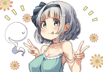 1girl :p alternate_breast_size_(larger) alternate_costume black_hairband blush bow_hairband breasts camisole cleavage closed_mouth commentary_request covered_erect_nipples double_v green_camisole green_eyes grey_hair hairband highres hitodama konpaku_youmu konpaku_youmu_(ghost) large_breasts notice_lines pegashi sagging_breasts short_hair smile solo strap_slip tongue tongue_out touhou v w_arms wispy_bangs 