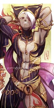  1girl 1other 3boys abs alternate_costume angry arms_behind_head arms_up cia_(hyrule_warriors) cia_(hyrule_warriors)_(cosplay) commentary cosplay demon english_commentary fabulous ghirahim hat hyrule_warriors long_hair looking_at_another looking_to_the_side multiple_boys nintendo short_hair smile surprised teardrop the_legend_of_zelda the_legend_of_zelda:_skyward_sword white_hair wizzro yamsgarden zant 