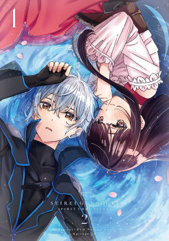  1boy 1girl ayase_miharu black_coat brown_corset brown_eyes brown_hair coat corset cover dress dvd_cover fingerless_gloves gloves grey_hair long_hair off-shoulder_dress off_shoulder official_art rio_(seirei_gensouki) seirei_gensouki yufu_kyouko 