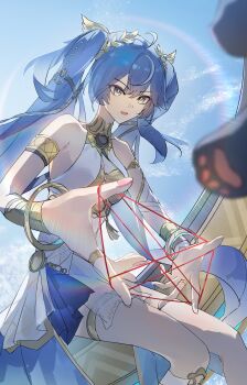  1girl ahoge ancient_greek_clothes armlet bare_shoulders blue_eyes blue_hair breasts cat cat's_cradle chinese_commentary commentary_request feet_out_of_frame gold_bra greco-roman_clothes hair_belt highres huqu_(huqu45712) iuno_(wuthering_waves) jewelry laurel_crown medium_breasts open_mouth sitting solo thighlet twintails wuthering_waves 