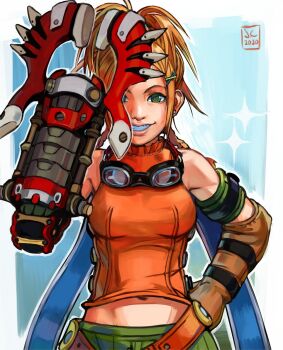  1girl @_@ armband blonde_hair blue_headband braid brown_gloves crop_top cropped_shirt earrings elbow_gloves final_fantasy final_fantasy_x gauntlets gloves goggles goggles_around_neck green_eyes green_shorts grin hand_on_own_hip hand_up headband highres jewelry long_hair looking_at_viewer overlord_jc pile_bunker rikku_(ff10) shirt shorts single_gauntlet sleeveless sleeveless_shirt smile solo stud_earrings twin_braids upper_body 