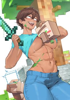 1girl abs aqua_shirt artist_name between_breasts blank_eyes block_(minecraft) blood blood_drip blood_splatter bloody_weapon blue_pants blush breasts brown_hair clothes_lift commentary cowboy_shot dark-skinned_female dark_skin denim diamond_(minecraft) double-parted_bangs english_commentary genderswap genderswap_(mtf) green_blood hair_between_eyes head_between_breasts headless highres holding holding_detached_head holding_sword holding_weapon implied_decapitation jeans large_breasts legs_together lifting_own_clothes minecraft minecraft_sword muscular muscular_female navel no_bra open_mouth pants severed_head shirt shirt_lift short_hair short_sleeves sin_(sintrybest) solo_focus standing steve_(minecraft) sweat sword t-shirt teeth tomboy tree twitter_username upper_teeth_only variant_set villager_(minecraft) weapon wiping_sweat 