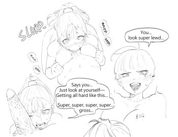  1futa 1girl ahoge alternate_breast_size_(larger) blush breasts cat_hair_ornament cum cum_in_mouth cum_on_body ear_piercing english_text facial fellatio futa_with_female futanari hair_ornament height_difference kida_(kida_eve) kida_eve large_breasts large_penis medium_hair mole mole_under_eye momo_(kida_eve) monochrome multiple_views oral original penis piercing ponytail short_hair smile speech_bubble 