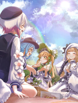  4girls ^_^ absurdres beret blonde_hair bonnet braid braided_hair_rings closed_eyes cloud commentary_request dress feeding food frilled_dress frills gothic_lolita green_eyes hair_rings hat highres hikami_meruru lolita_fashion long_hair mahou_shoujo_no_majo_saiban multicolored_hair multiple_girls newsboy_cap no_shoes okanda outdoors picnic pink_hair rainbow sakuraba_ema sandwich short_hair sky smile socks sunlight tachibana_sherry tono_hanna twintails two-tone_hair veil white_hair yellow_eyes 