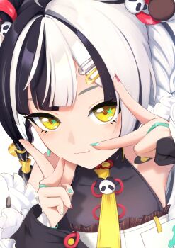  1girl :3 absurdres bare_shoulders black_hair blush braid braided_twintails chanshin0095 closed_mouth collarbone commentary detached_sleeves dialyn_(zenless_zone_zero) double_v english_commentary hair_extensions hair_intakes hair_ornament hairclip highres id_card looking_at_viewer multicolored_hair multicolored_nails necktie panda_hair_ornament portrait ring_hair_extensions simple_background solo sparkling_eyes split-color_hair v v_over_eye white_background white_hair yellow_eyes yellow_necktie zenless_zone_zero 