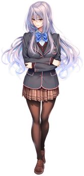  1girl amagasa_tsuzuri arms_under_breasts black_cardigan black_pantyhose blue_bow blue_bowtie blush bow bowtie breasts brown_shoes brown_skirt cardigan closed_mouth collared_shirt crossed_arms full_body green_eyes grey_hair grey_jacket hanikami_kanojo jacket large_breasts loafers long_hair long_sleeves looking_at_viewer miniskirt official_art pantyhose piromizu plaid_clothes plaid_skirt pleated_skirt school_uniform shirt shoes sidelocks simple_background skirt smile solo standing striped_bow striped_bowtie striped_clothes tachi-e transparent_background white_shirt wing_collar 