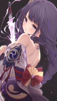  1girl absurdres armpit_crease back back_bow back_tattoo bare_shoulders blunt_bangs blurry bow braid breasts close-up commentary_request depth_of_field electricity from_behind from_side genshin_impact glint glowing hair_ornament head_tilt highres holding holding_sword holding_weapon japanese_clothes katana kimono large_breasts light_blush long_braid long_hair mitsudomoe_(shape) mole mole_under_eye multicolored_hair noa0319 off_shoulder open_mouth purple_eyes purple_hair purple_kimono raiden_shogun single_braid solo streaked_hair sword tattoo tomoe_(symbol) upper_body weapon wide_sleeves 