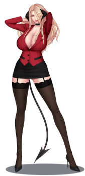  1girl absurdres baru_(val-val) black_thighhighs blonde_hair breasts choker cleavage cosplay demon_girl demon_horns demon_tail female_focus fingernails formal_clothes full_body garter_straps gluteal_fold hair_over_one_eye high_heels highres holding holding_pointer horns huge_breasts lace lace-trimmed_legwear lace_trim lips lipstick long_fingernails long_hair long_sleeves looking_at_viewer makeup miniskirt monster_girl nail_polish no_bra original parted_lips pencil_skirt pixiv_succubus pointer pumps red_eyes shoes simple_background skirt skirt_suit solo standing stiletto_heels suit tail teacher thighhighs white_background 