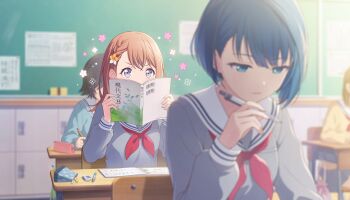  4girls barcode blue_eyes blue_hair blurry blurry_background blurry_foreground book braid brown_hair chair chalkboard classroom colorful_palette covering_own_mouth desk eraser game_cg grey_eyes grey_serafuku grey_shirt hair_ornament hanasato_minori hello_good_day!_(project_sekai) highres holding holding_book holding_pen kiritani_haruka multiple_girls neckerchief official_art pen pouch project_sekai red_neckerchief sailor_collar school_uniform serafuku shirt sitting third-party_source translation_request v-shaped_eyebrows white_sailor_collar zipper_pull_tab 