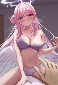  1boy 1girl :q angel_wings areola_slip bare_shoulders blue_archive blush bow bow_bra bra breasts collarbone girl_on_top groin_tendon hair_between_eyes hair_bun hair_tie halo hand_up heavy_breathing highres indoors lace lace_bra large_breasts light_blush long_hair long_sidelocks mika_(blue_archive) narrow_waist navel panda_90321 panties pink_hair pink_halo pov purple_bra purple_panties rape_face removing_bra ribs sidelocks star_halo steam stomach thighs tongue tongue_out underwear wings yellow_eyes 