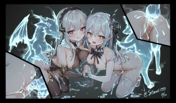  2girls :d :q ass ass-to-ass_penetration bar_censor bent_over bestiality black_bow black_bowtie blush bow bowtie breasts bright_pupils brown_thighhighs censored clothed_sex commentary_request cum dragon dragon_girl dragon_horns fascinator frilled_hairband frills group_sex hairband happy_sex heart heart_in_eye highres horns kneeling medium_breasts multiple_girls nipple_chain open_mouth red_eyes rimworld sex small_breasts smile spirit stmast symbol_in_eye thighhighs tongue tongue_out vaginal white_pupils white_thighhighs yellow_eyes 