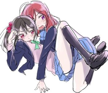  2girls between_legs black_hair black_shoes blue_bow blue_skirt blush bow commentary_request girl_on_top green_bow hair_bow love_live! lying multiple_girls nishikino_maki on_back otonokizaka_school_uniform pink_bow pink_eyes purple_eyes red_hair school_uniform shoes short_twintails skirt surprised twintails white_background yazawa3921 yazawa_nico yuri 