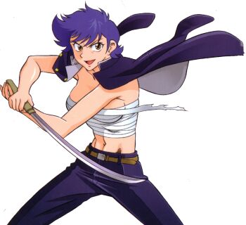  abashiri_kikunosuke abs bandages bandages_around_chest belt blue_hair delinquent fighting_stance jacket katana mazinger_(series) mazinger_angels official_art sword transparent_background weapon yellow_eyes 