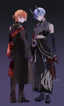  2boys absurdres aoyagi_touya artist_name bead_necklace beads black_gloves black_shoes blonde_hair blue_eyes blue_hair closed_mouth commentary crop_top demon_horns earrings full_body gloves highres horns jewelry kuuu_ilst layered_clothes long_sleeves looking_at_viewer male_focus mandarin_collar midriff mole mole_under_eye multicolored_hair multiple_boys necklace official_alternate_costume official_alternate_hairstyle oral orange_hair pants project_sekai sandals shinnen_kotohogu_inori_no_mai_(project_sekai) shinonome_akito shoes sleeveless sleeveless_turtleneck split-color_hair standing streaked_hair symbol-only_commentary turtleneck two-tone_hair unfading_wishing_(project_sekai) 