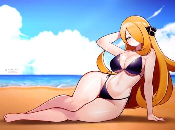 1girl alternate_costume bikini blonde_hair breasts cynthia_(pokemon) jaxdrawz large_breasts pokemon pokemon_diamond/pearl/platinum solo swimsuit  rating:Sensitive score:5 user:RIG