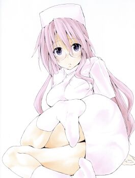  1girl alternate_costume ass ass_focus blush breasts dot_nose feet foot_focus foot_out_of_frame from_behind full_body glasses hair_between_eyes hat highres knees_together_feet_apart long_hair lucky_star lying medium_breasts nurse nurse_cap parted_lips pigeon-toed pink_hair purple_eyes round_eyewear semi-rimless_eyewear shiki_59 shirt simple_background socks solo takara_miyuki tareme thighs under-rim_eyewear upturned_eyes white_background white_hat white_socks 