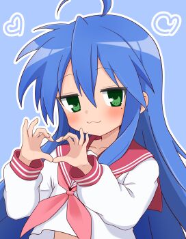  1girl ahoge blue_background blue_hair closed_eyes collar dot_nose feet_out_of_frame female_focus green_eyes hair_between_eyes heart_(symbol) izumi_konata long_hair long_sleeves looking_at_viewer lucky_star meisoochuu mole mole_under_eye red_sailor_collar ribbon ryouou_school_uniform sailor_collar school_uniform serafuku shirt simple_background smile standing white_shirt 