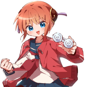  1girl :d blue_eyes blue_sailor_collar blue_skirt blush clenched_hand coke-bottle_glasses commentary_request gintama glasses highres holding holding_removed_eyewear jacket kagura_(gintama) long_sleeves looking_at_viewer neckerchief nyaa_(nnekoron) open_mouth orange_hair pleated_skirt puffy_long_sleeves puffy_sleeves red_jacket red_neckerchief sailor_collar sannen_z-gumi_ginpachi_sensei school_uniform serafuku shirt short_hair simple_background skirt smile solo track_jacket unworn_eyewear white_background white_shirt 