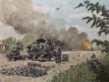 4boys aircraft airplane anti-tank_gun atelier_bono blue_sky bomber building cloud combat_helmet commentary_request dive_bomber fire grass grey_jacket grey_pants helmet highres jacket ju_87 military_combat_uniform military_truck military_uniform military_vehicle motor_vehicle multiple_boys original painting_(medium) pants sky smoke stahlhelm traditional_media truck watercolor_(medium) wehrmacht world_war_ii