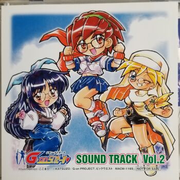  3girls arashiyama_sara artist_name bandaged_arm bandages bandana bandana_around_arm black_shoes black_shorts blonde_hair blue_bow blue_eyes blue_hair blue_hakama blue_sailor_collar blue_skirt bow bracelet braid brown_eyes chibi chibi_only clenched_hands cloud coat commentary copyright_name copyright_notice cross_tattoo g-on_riders glasses gloves green_hairband grin hair_bow hairband hakama hakama_pants hands_up highres hoshikawa_yayoi japanese_clothes jewelry kimono kokomahi kurama_yuki long_hair midriff mini_eyewear multiple_girls muneate not_for_sale nun official_art one_eye_closed open_mouth pants partially_fingerless_gloves partly_fingerless_gloves pink_gloves pleated_skirt red_eyes red_hair red_scarf round_eyewear sailor_collar scarf school_uniform serafuku shirt shoes short_hair short_shorts shorts shoulder_tattoo skirt smile tattoo traditional_media veil white_kimono white_shirt yellow_bandana yellow_coat yellow_veil yugake 