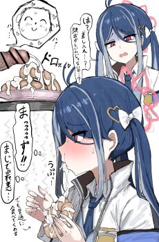  1boy 1girl absurdres bar_censor blue_archive blue_hair blue_necktie blush bow censored collared_shirt cum cum_in_mouth cum_on_food cum_string donut doodle_sensei_(blue_archive) eating ejaculation erection food fubuki_(blue_archive) gloom_(expression) hair_bow hair_ornament halo heart heart_hair_ornament hetero highres holding holding_donut holding_food jacket kumiyabe long_hair necktie open_mouth penis red_eyes red_halo sensei_(blue_archive) shirt speech_bubble thought_bubble translation_request white_bow white_jacket white_shirt 