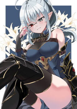  1girl absurdres ahoge black_gauntlets blue_background blue_dress blue_eyes breasts closed_mouth commentary dress fangs flower gauntlets general_geega general_geega_(1st_costume) glasses grey_hair hair_between_eyes hair_ornament heterochromia highres kenpomk2 large_breasts leg_armor leotard looking_at_viewer pointy_ears ponytail red_eyes see-through_clothes see-through_leotard single_gauntlet sitting thick_thighs thighhighs thighs untranslatable_commentary virtual_youtuber vshojo 