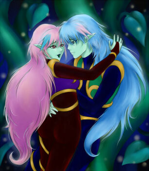  1boy 1girl ail_(sailor_moon) alien an_(sailor_moon) bishoujo_senshi_sailor_moon bishoujo_senshi_sailor_moon_r blue_eyes bodysuit brother_and_sister colored_skin dancing green_skin hug odori_(artist) pink_and_blue_hair plant red_eyes siblings vines  rating:General score:1 user:calum1998
